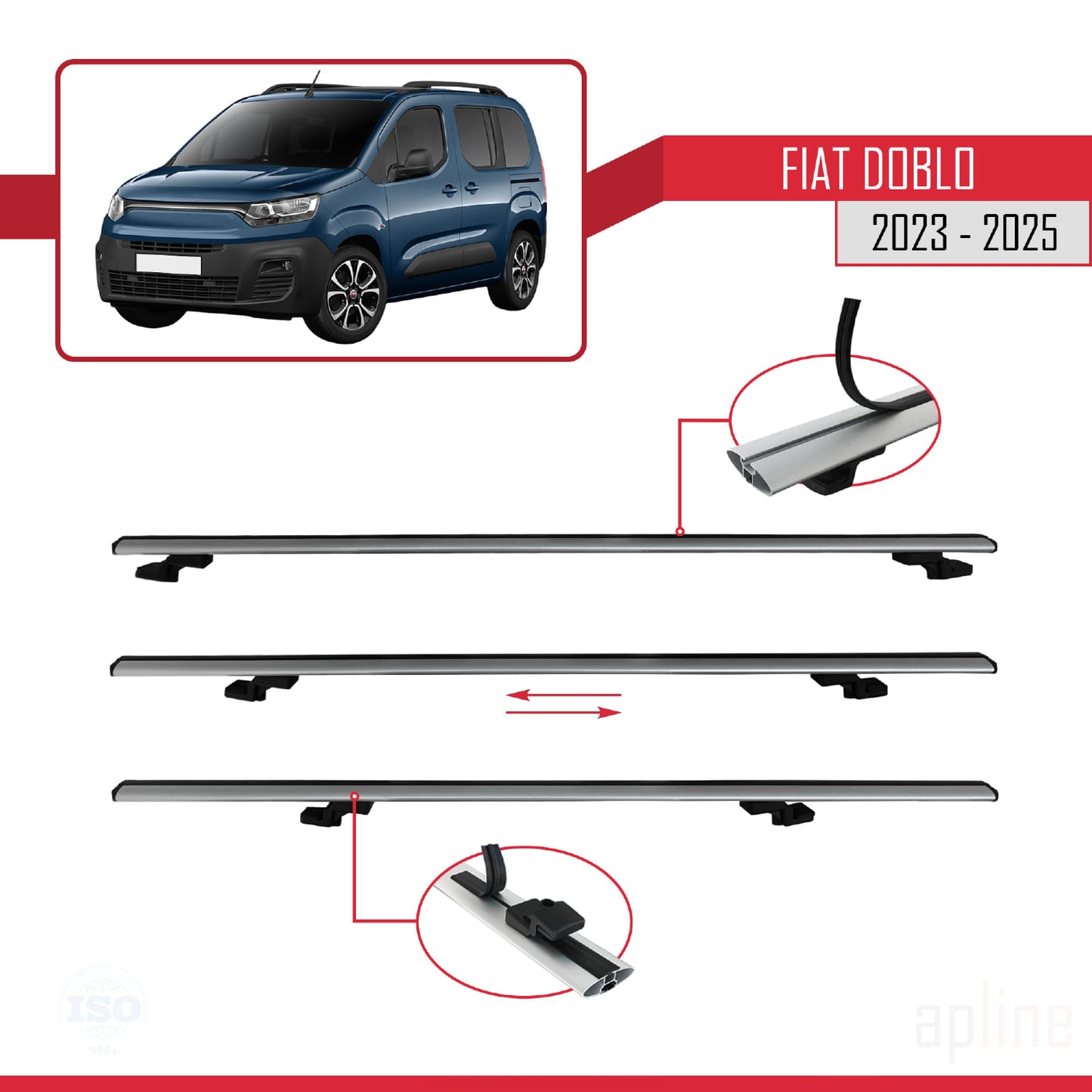 Compatible avec Fiat Doblo 3 2023-2025 BASIC Model Barres de Toit Railing Porte-Bagages de Voiture Gris Aluminium 2 Barres