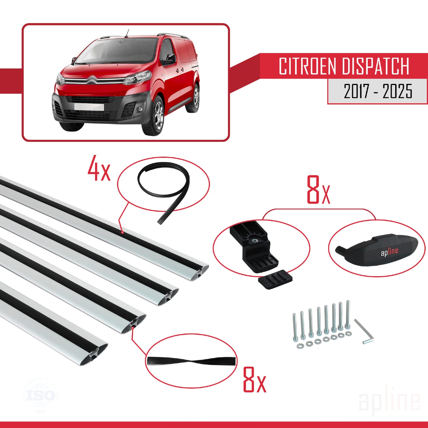 Compatible avec Citroen Dispatch (K0) 2017-2025 BASIC Model Barres de Toit Railing Porte-Bagages de Voiture Gris Aluminium 4 Barres