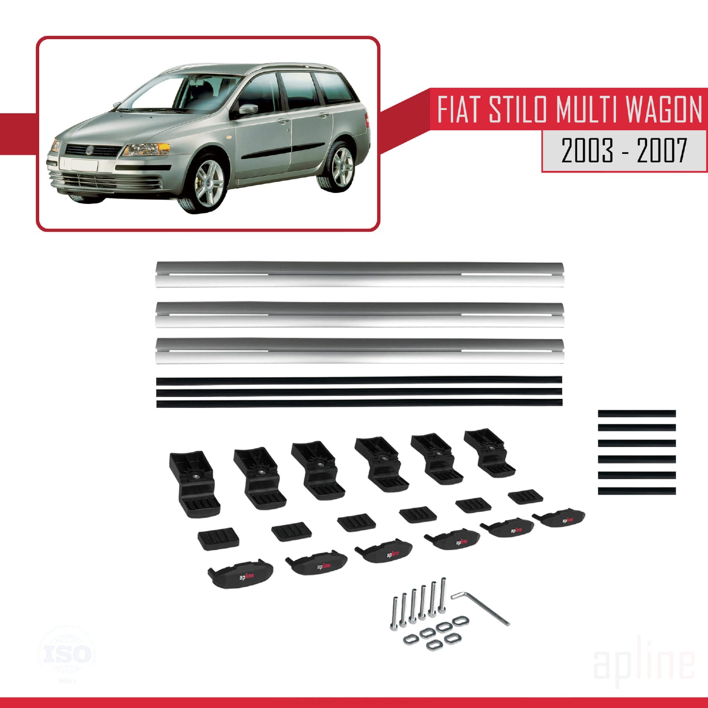 Compatible avec Fiat Stilo Multi Wagon 2003-2007 BASIC Model Barres de Toit Railing Porte-Bagages de Voiture Gris Aluminium 3 Barres