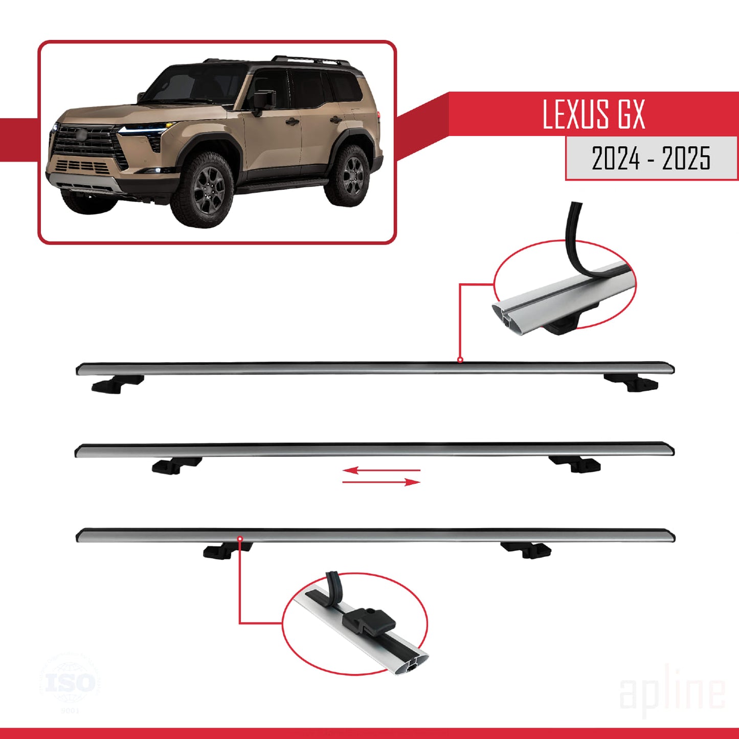 Compatible avec Lexus GX 2024-2025 BASIC Model Barres de Toit Railing Porte-Bagages de Voiture Gris Aluminium 3 Barres