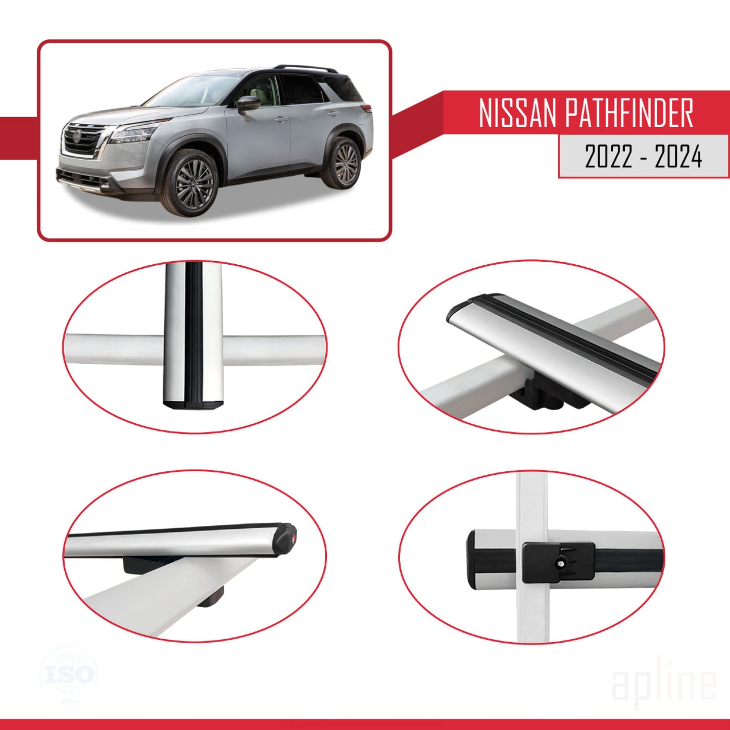 Compatible avec Nissan Pathfinder 2022-2024 BASIC Model Barres de Toit Railing Porte-Bagages de Voiture Gris Aluminium 2 Barres