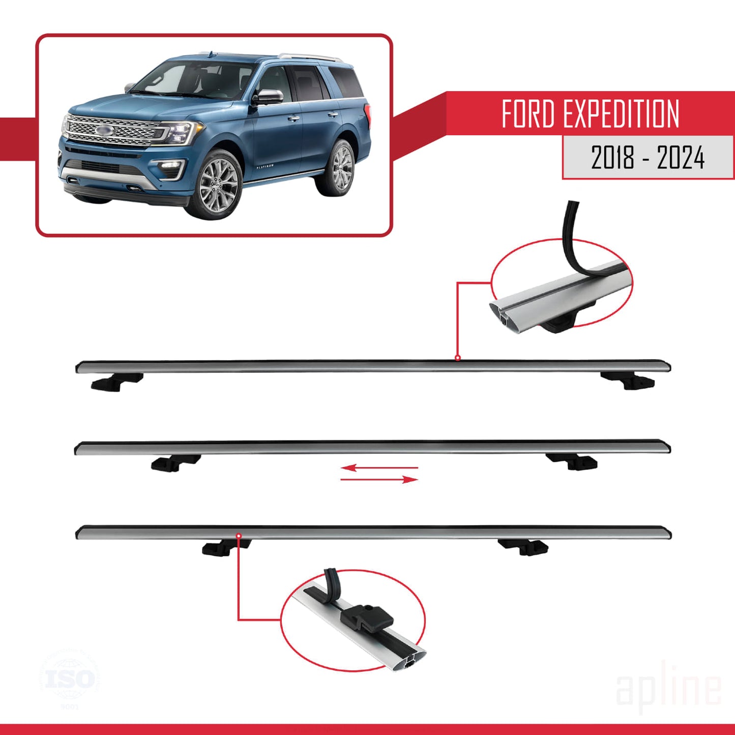 Compatible avec Ford Expedition 2018-2024  BASIC Model Barres de Toit Railing Porte-Bagages de Voiture Gris Aluminium 3 Barres
