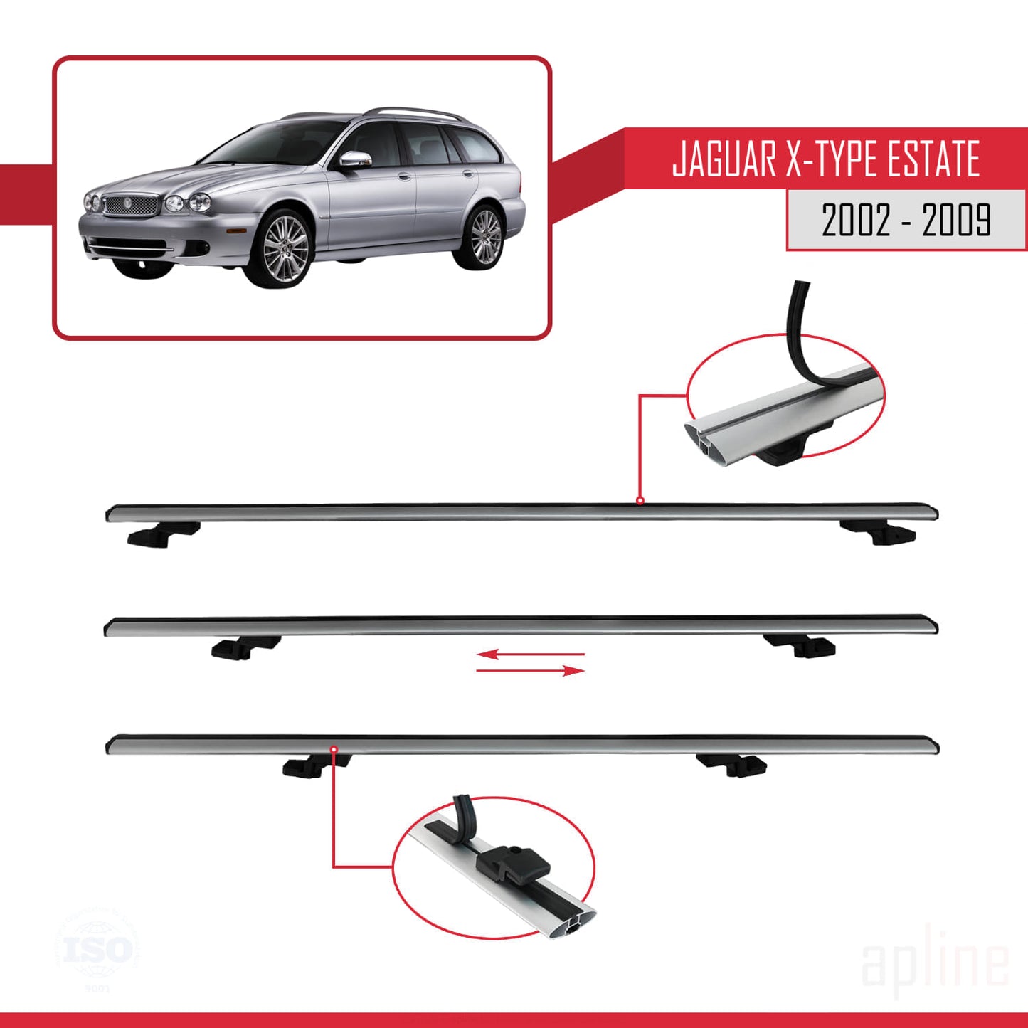 Compatible avec Jaguar X-Type Estate 2002-2009 BASIC Model Barres de Toit Railing Porte-Bagages de Voiture Gris Aluminium 2 Barres