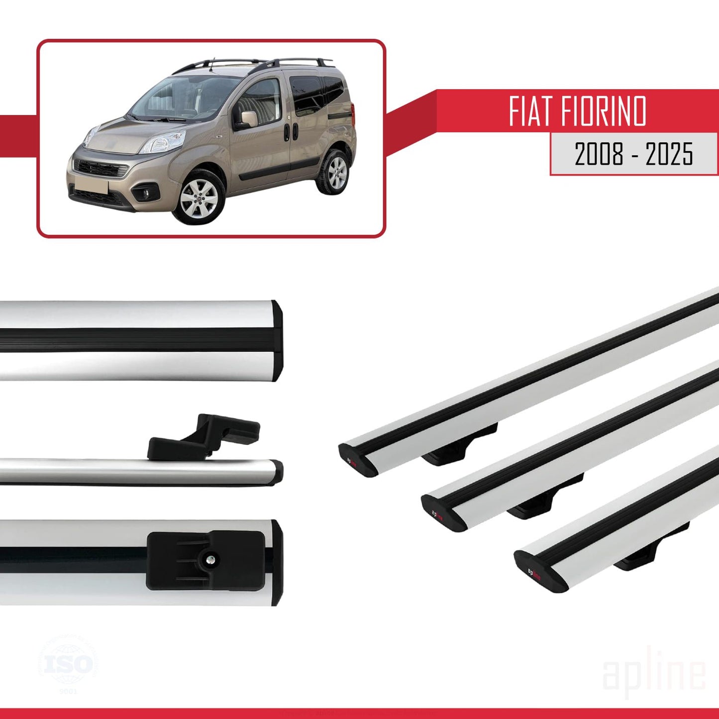 Compatible avec Fiat Fiorino (Modèle Tubulaire) 2008-2025 BASIC Model Barres de Toit Railing Porte-Bagages de Voiture Gris Aluminium 3 Barres