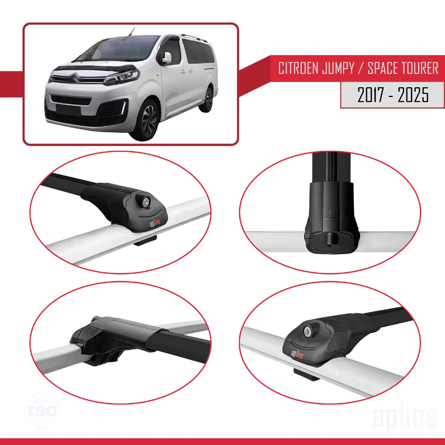 Compatible avec Citroen Jumpy 3 (K0) Space Tourer 2017-2025 ACE-1 Barres de Toit Railing Porte-Bagages de Voiture Noir Aluminium 2 Barres