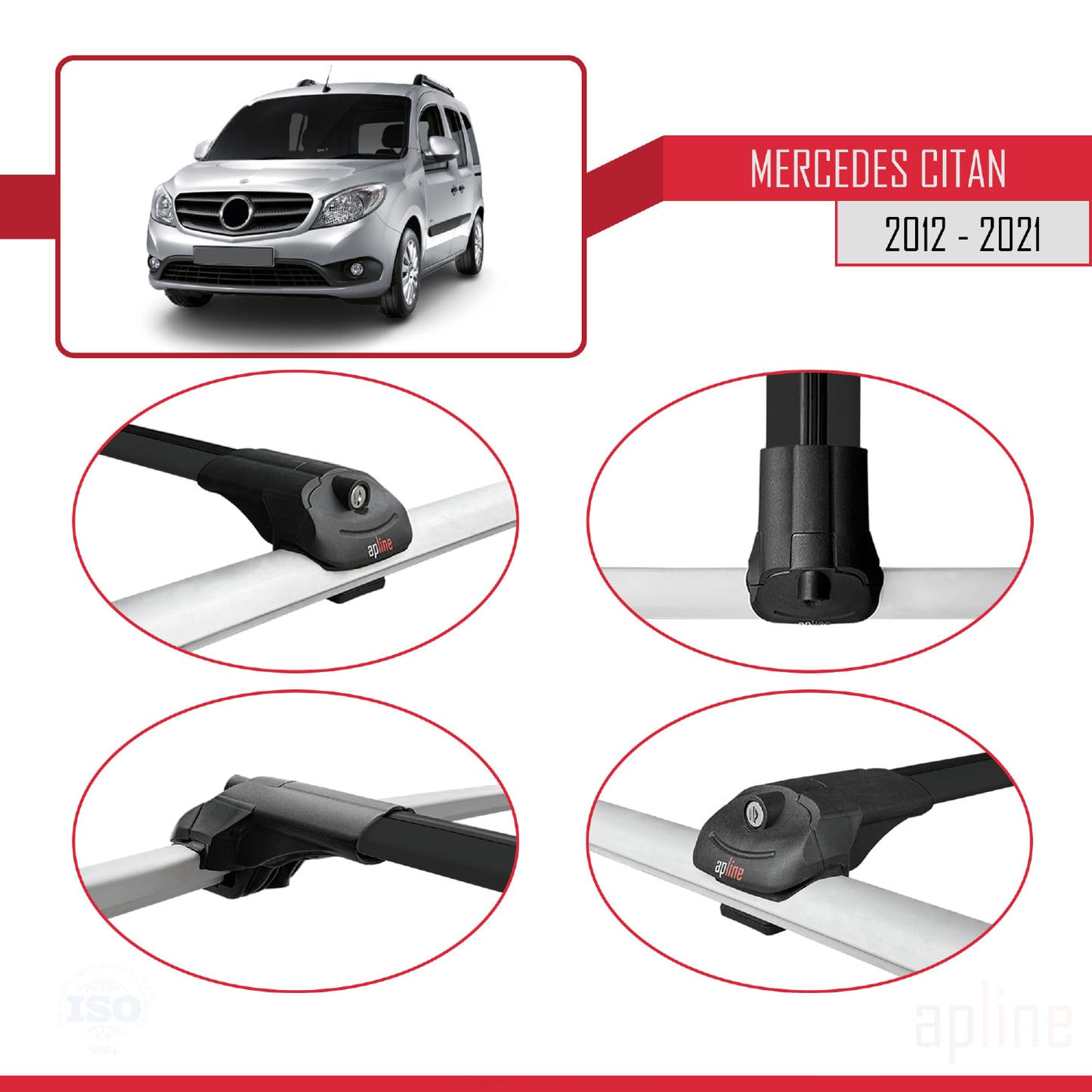 Compatible avec Mercedes Citan (W415) 2012-2021 ACE-1 Barres de Toit Railing Porte-Bagages de Voiture Noir Aluminium 3 Barres