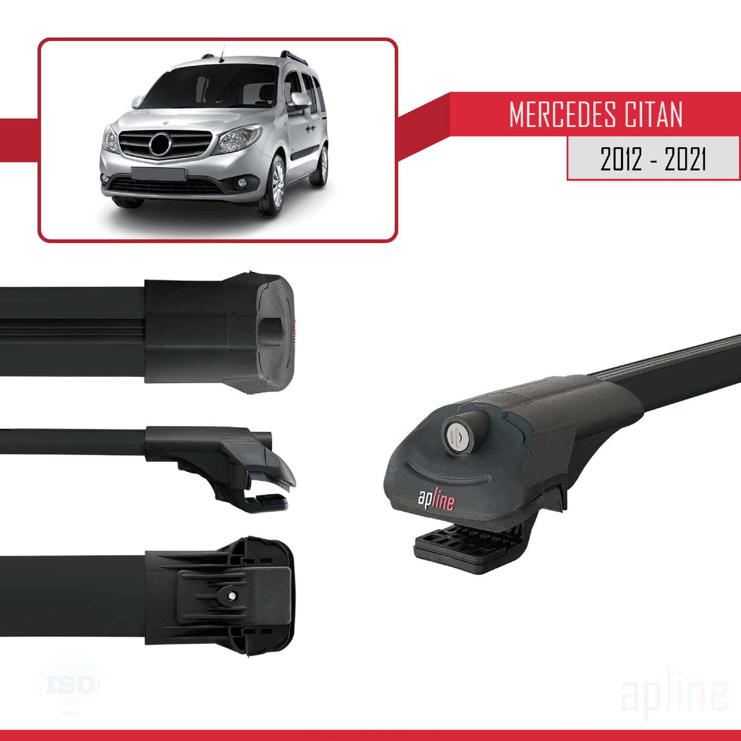 Compatible avec Mercedes Citan (W415) 2012-2021 ACE-1 Barres de Toit Railing Porte-Bagages de Voiture Noir Aluminium 2 Barres