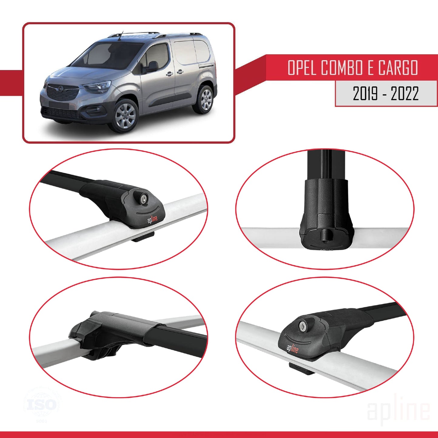 Compatible avec Opel Combo E Cargo 2019-2022 ACE-1 Barres de Toit Railing Porte-Bagages de Voiture Noir Aluminium 4 Barres