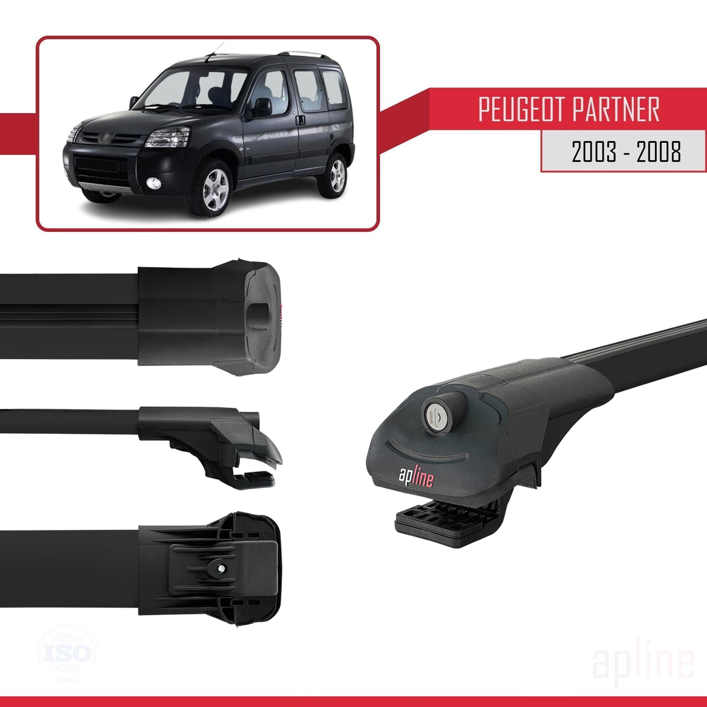 Compatible avec Peugeot Partner Post-Facelift 2003-2008 ACE-1 Barres de Toit Railing Porte-Bagages de Voiture Noir Aluminium 2 Barres