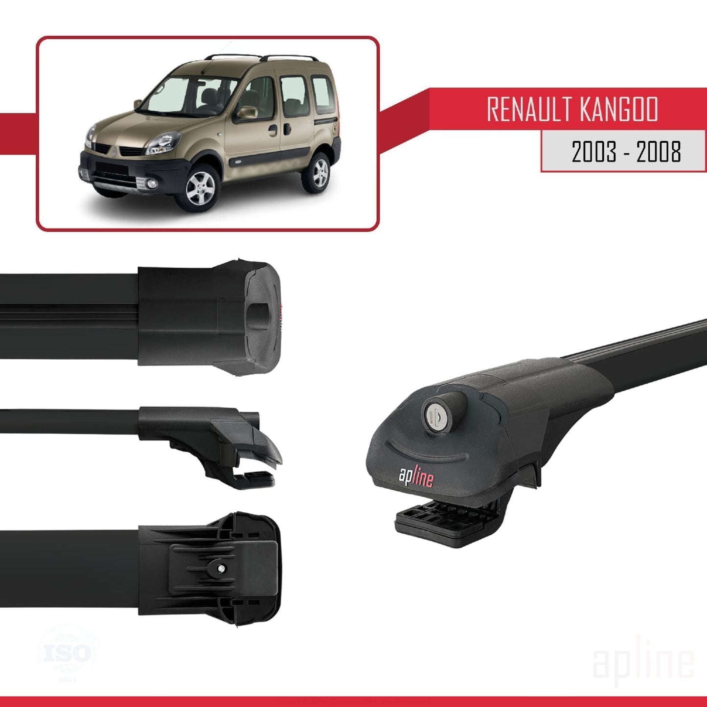 Compatible avec Renault Kangoo (X76) Post-Facelift 2003-2008 ACE-1 Barres de Toit Railing Porte-Bagages de Voiture Noir Aluminium 3 Barres