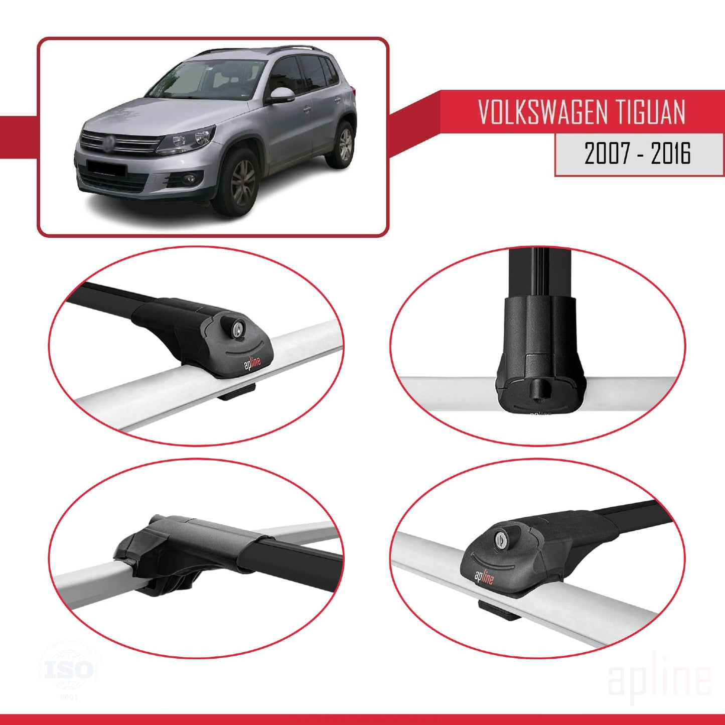 Compatible avec Volkswagen Tiguan (5N) 2007-2016 ACE-1 Barres de Toit Railing Porte-Bagages de Voiture Noir Aluminium 2 Barres