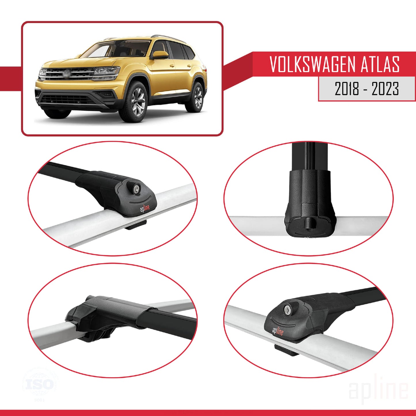 Compatible avec Volkswagen Atlas (CA1) 2018-2023 ACE-1 Barres de Toit Railing Porte-Bagages de Voiture Noir Aluminium 2 Barres
