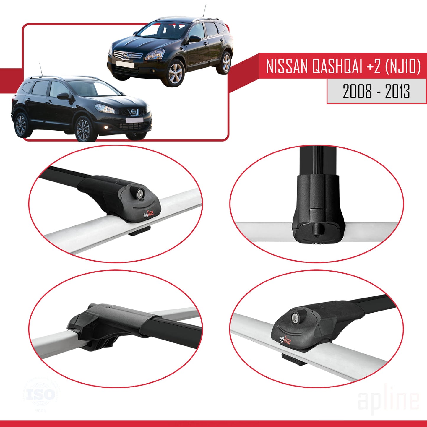 Compatible avec Nissan Qashqai +2 (NJ10) 2008-2013 ACE-1 Barres de Toit Railing Porte-Bagages de Voiture Noir Aluminium 3 Barres