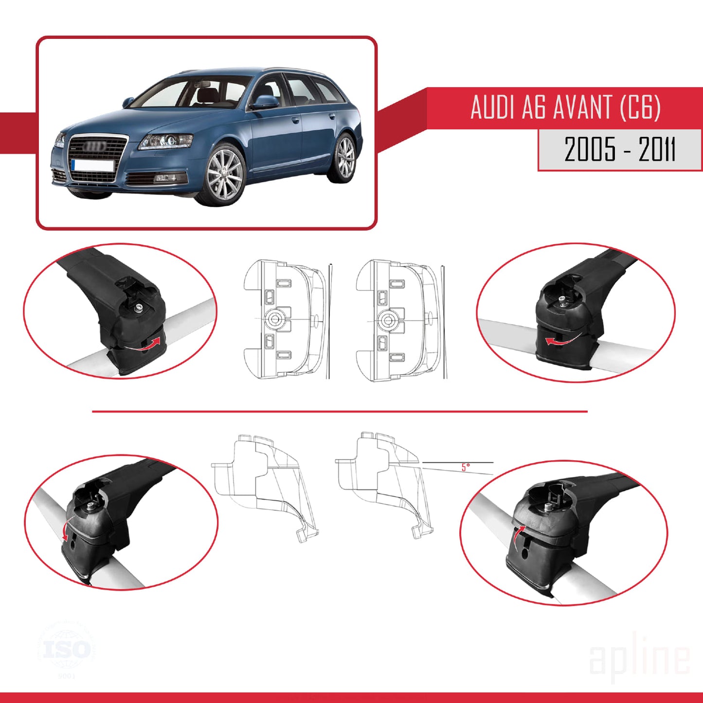 Compatible avec A6 (C6) Avant 2005-2011 ACE-2 Barres de Toit Railing Porte-Bagages de Voiture Noir Aluminium 2 Barres