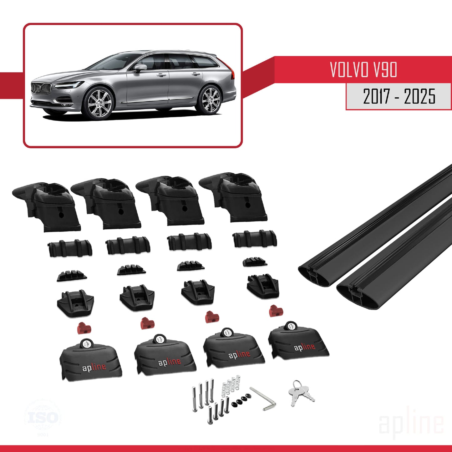 Compatible avec Volvo V90 2017-2025 ACE-2 Barres de Toit Railing Porte-Bagages de Voiture Noir Aluminium 2 Barres