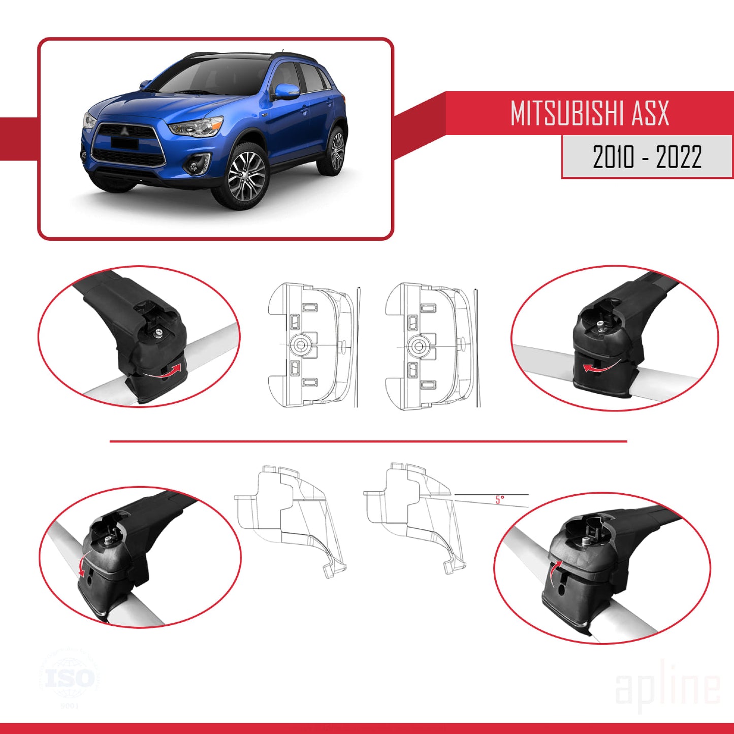 Compatible avec Mitsubishi ASX (GA) 2010-2022 ACE-2 Barres de Toit Railing Porte-Bagages de Voiture Noir Aluminium 2 Barres