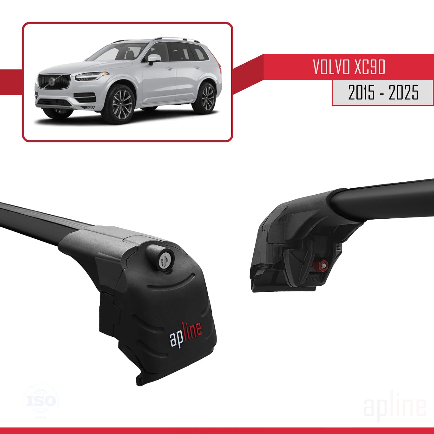 Compatible avec Volvo XC90 II 2015-2025 ACE-2 Barres de Toit Railing Porte-Bagages de Voiture Noir Aluminium 2 Barres
