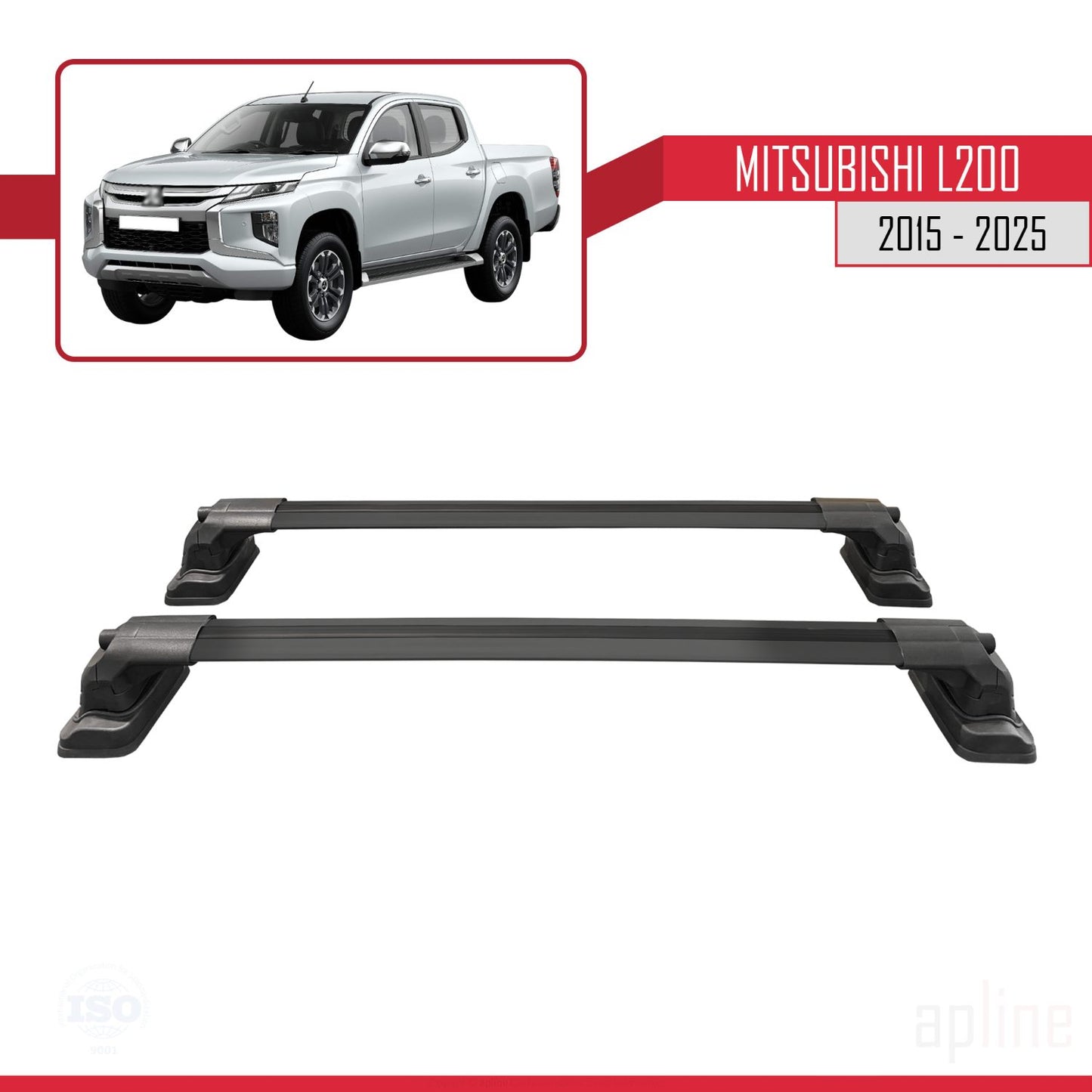 Compatible avec Mitsubishi L200 (MK5) 2015-2025 ACE-3 Barres de Toit Railing Porte-Bagages de Voiture Noir Aluminium 2 Barres