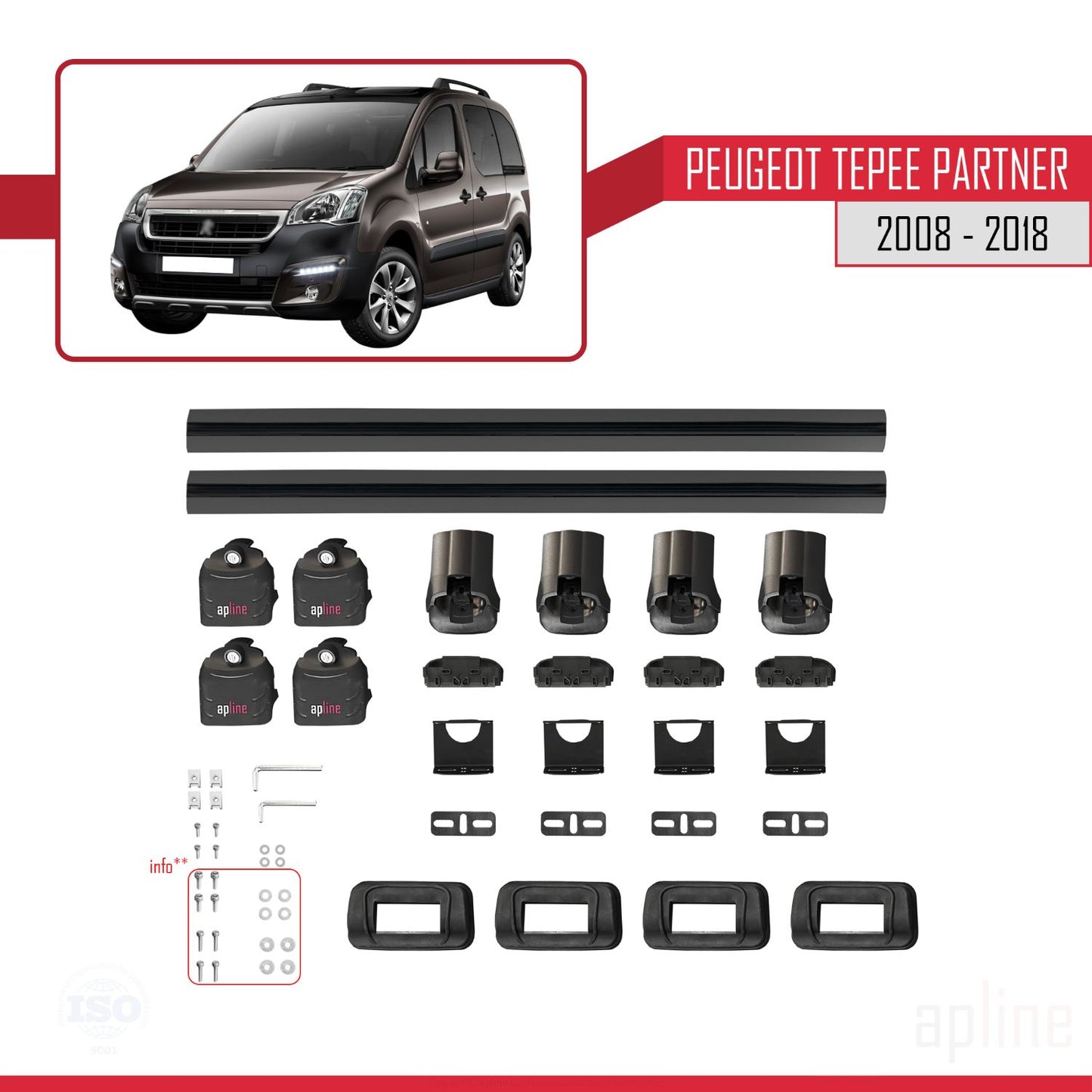 Compatible avec Peugeot Partner Tepee 2008-2018 ACE-3 Barres de Toit Railing Porte-Bagages de Voiture Noir Aluminium 2 Barres