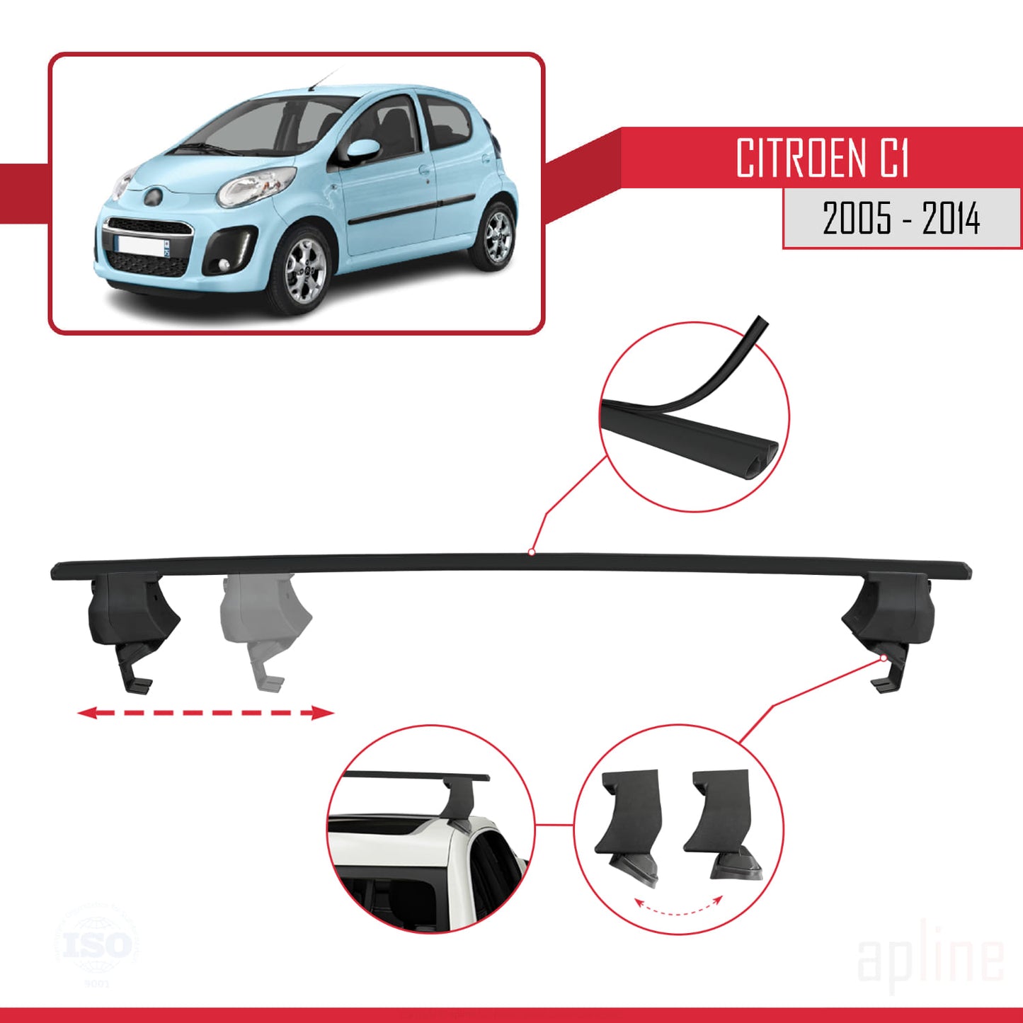 Compatible avec Citroen C1 2005-2014 ACE-4 Barres de Toit Railing Porte-Bagages de Voiture Noir Aluminium 2 Barres