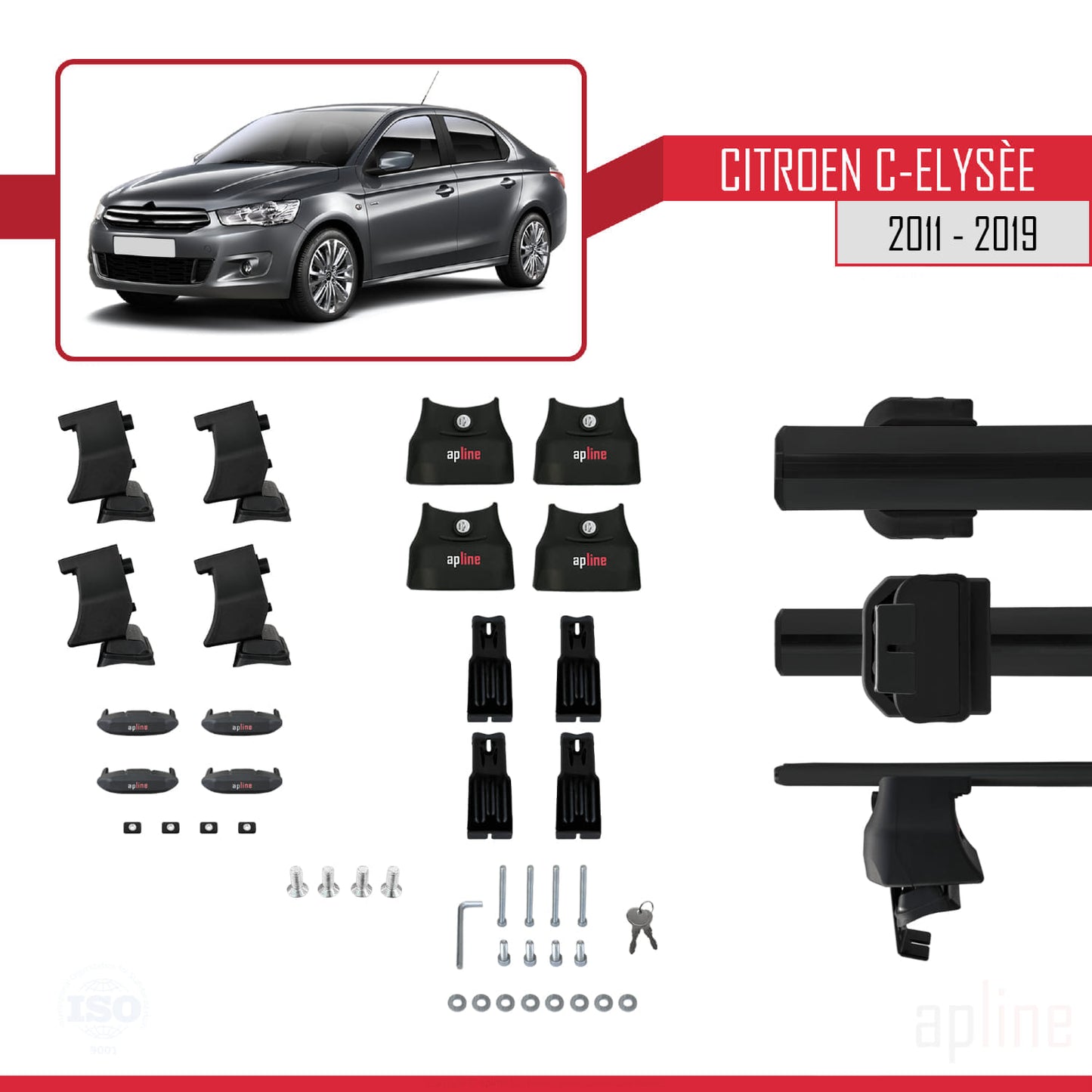 Compatible avec Citroen C-Elysee 2011-2019 ACE-4 Barres de Toit Railing Porte-Bagages de Voiture Noir Aluminium 2 Barres