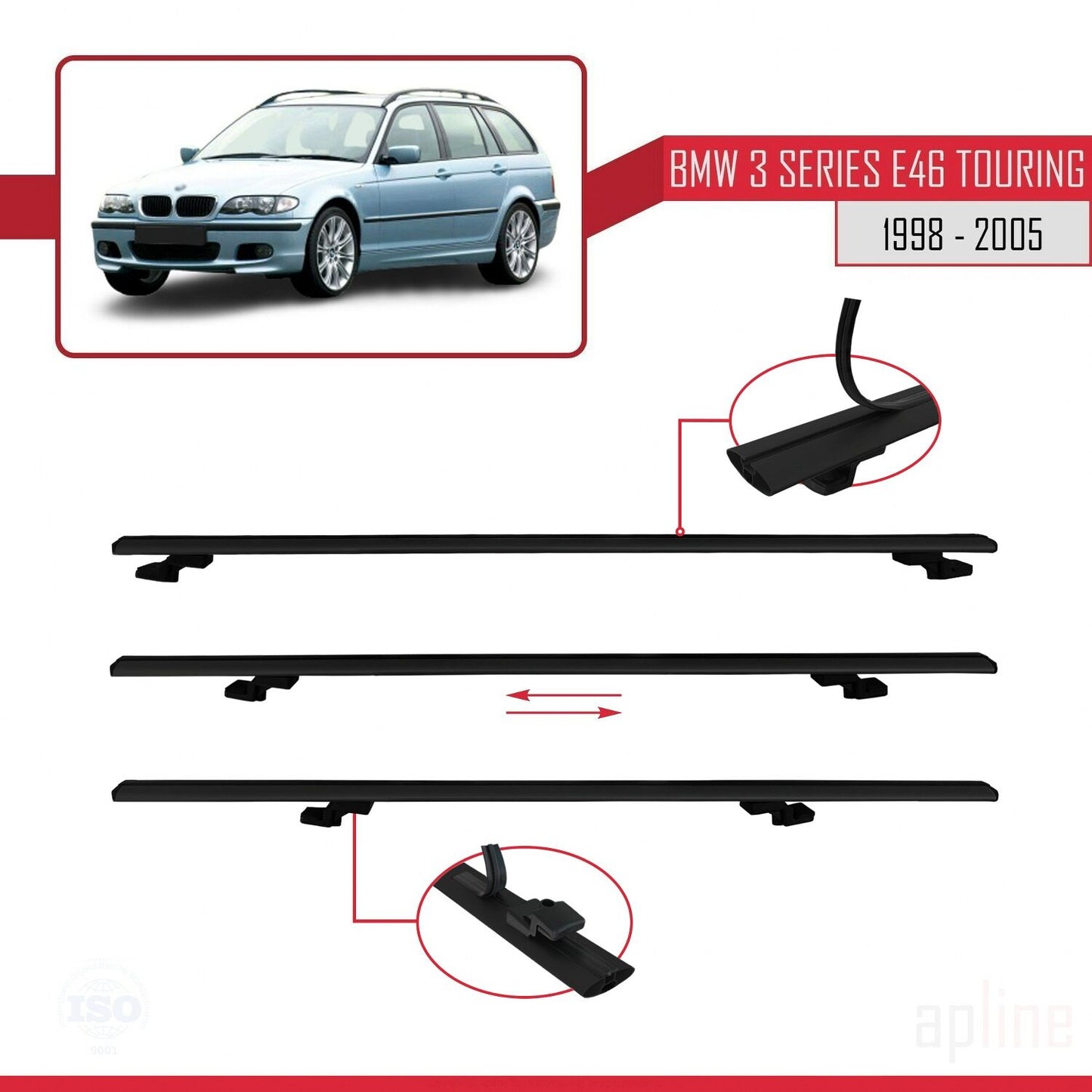 Compatible avec BMW Série 3 (E46) Touring 1999-2005 BASIC Model Barres de Toit Railing Porte-Bagages de Voiture Noir Aluminium 2 Barres
