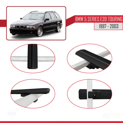Compatible avec BMW Série 5 (E39) Touring 1997-2003 BASIC Model Barres de Toit Railing Porte-Bagages de Voiture Noir Aluminium 2 Barres