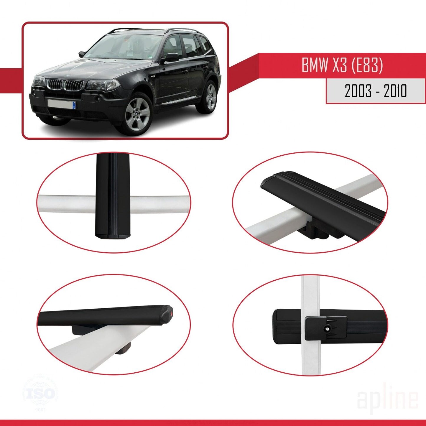 Compatible avec BMW X3 (E83) 2003-2010 BASIC Model Barres de Toit Railing Porte-Bagages de Voiture Noir Aluminium 2 Barres