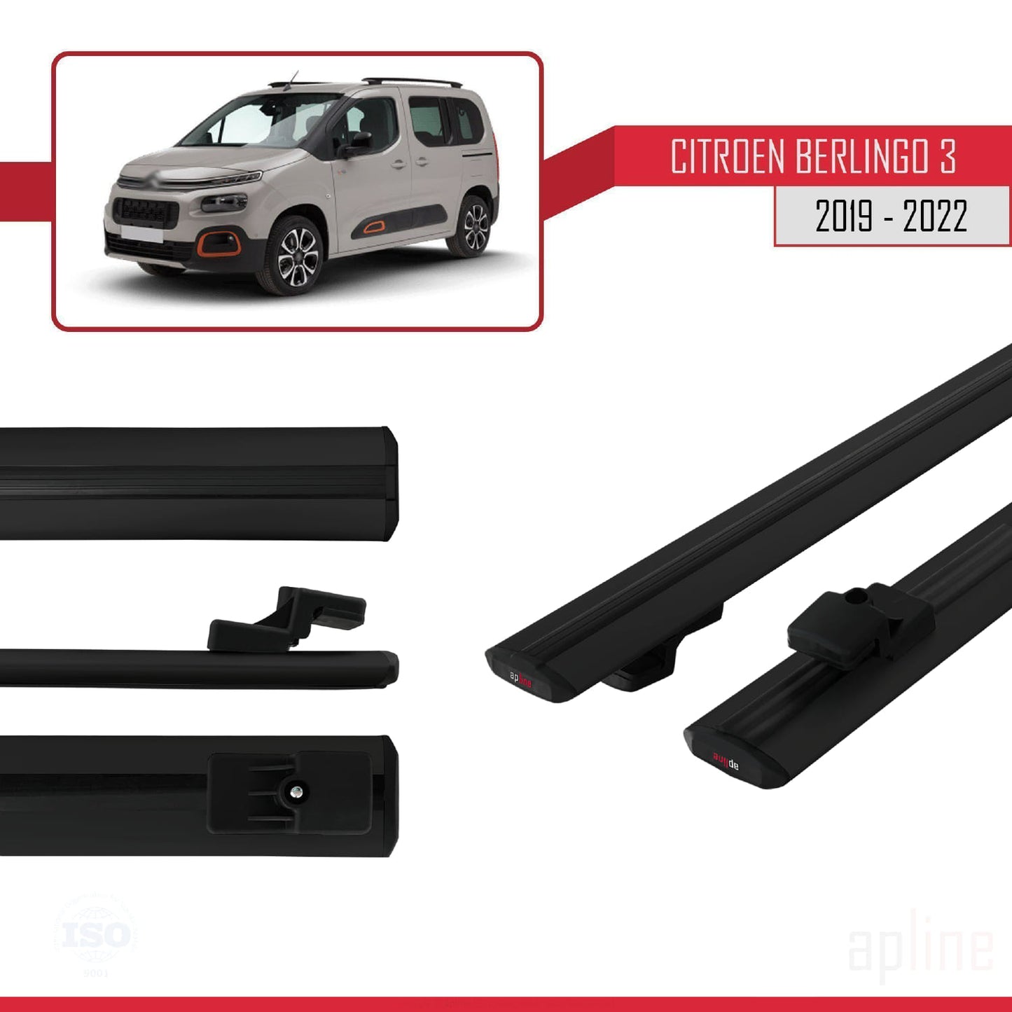 Compatible avec Citroen Berlingo 3 (K9) 2019-2022 BASIC Model Barres de Toit Railing Porte-Bagages de Voiture Noir Aluminium 2 Barres