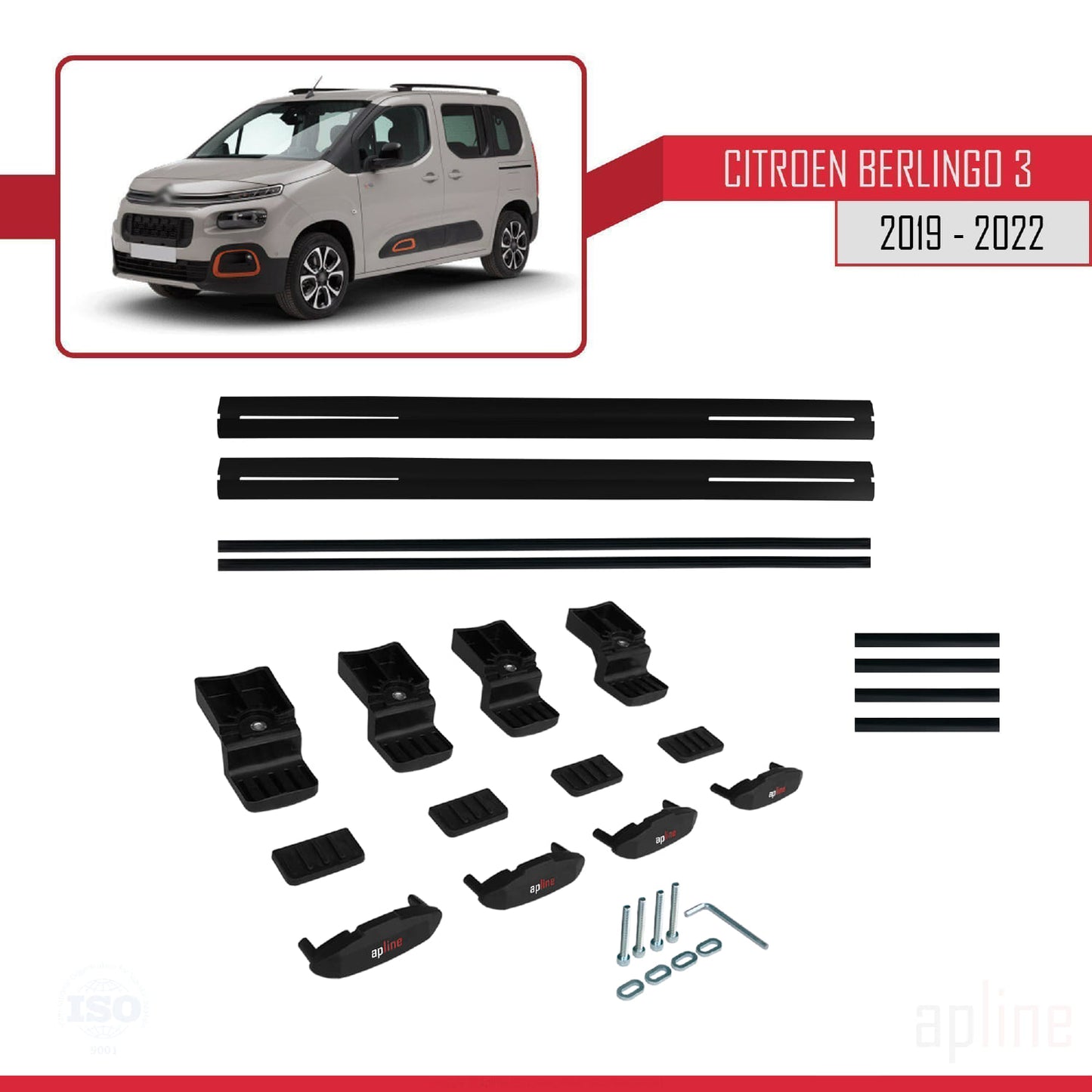 Compatible avec Citroen Berlingo 3 (K9) 2019-2022 BASIC Model Barres de Toit Railing Porte-Bagages de Voiture Noir Aluminium 2 Barres