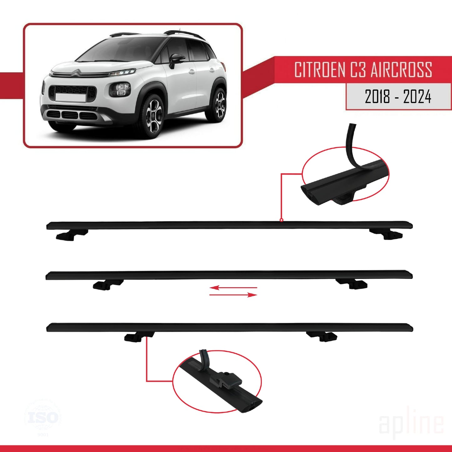 Compatible avec Citroen C3 Aircross (A88) 2018-2024 BASIC Model Barres de Toit Railing Porte-Bagages de Voiture Noir Aluminium 3 Barres