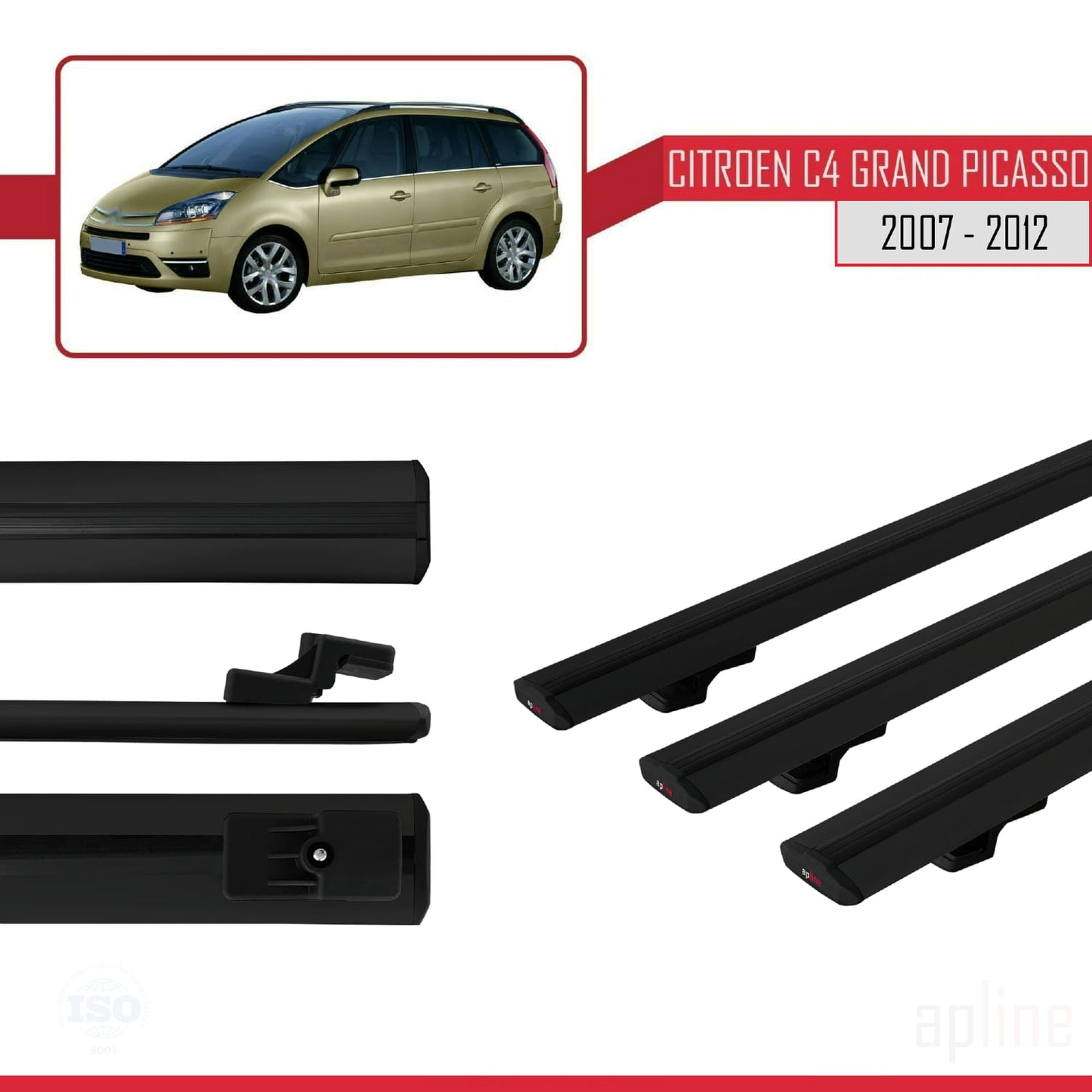 Compatible avec Citroen Grand C4 Picasso 2007-2012 BASIC Model Barres de Toit Railing Porte-Bagages de Voiture Noir Aluminium 3 Barres
