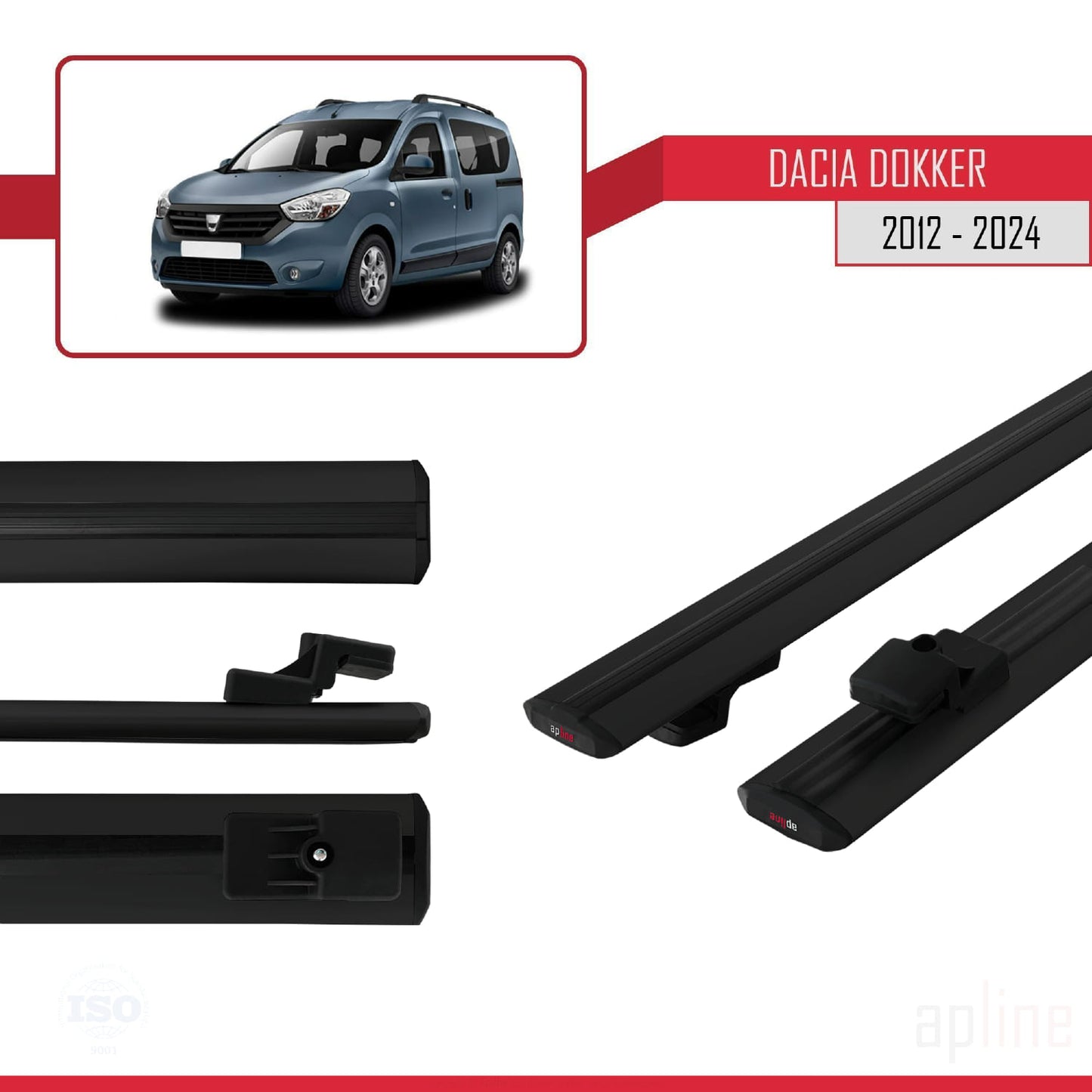 Compatible avec Dacia Dokker (K67) 2012-2024 BASIC Model Barres de Toit Railing Porte-Bagages de Voiture Noir Aluminium 2 Barres