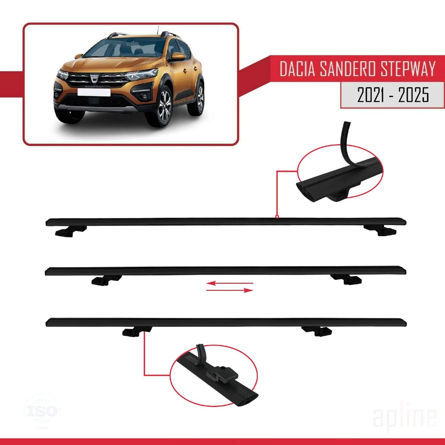 Compatible avec Dacia Sandero Stepway 3 2021-2025 BASIC Model Barres de Toit Railing Porte-Bagages de Voiture Noir Aluminium 2 Barres