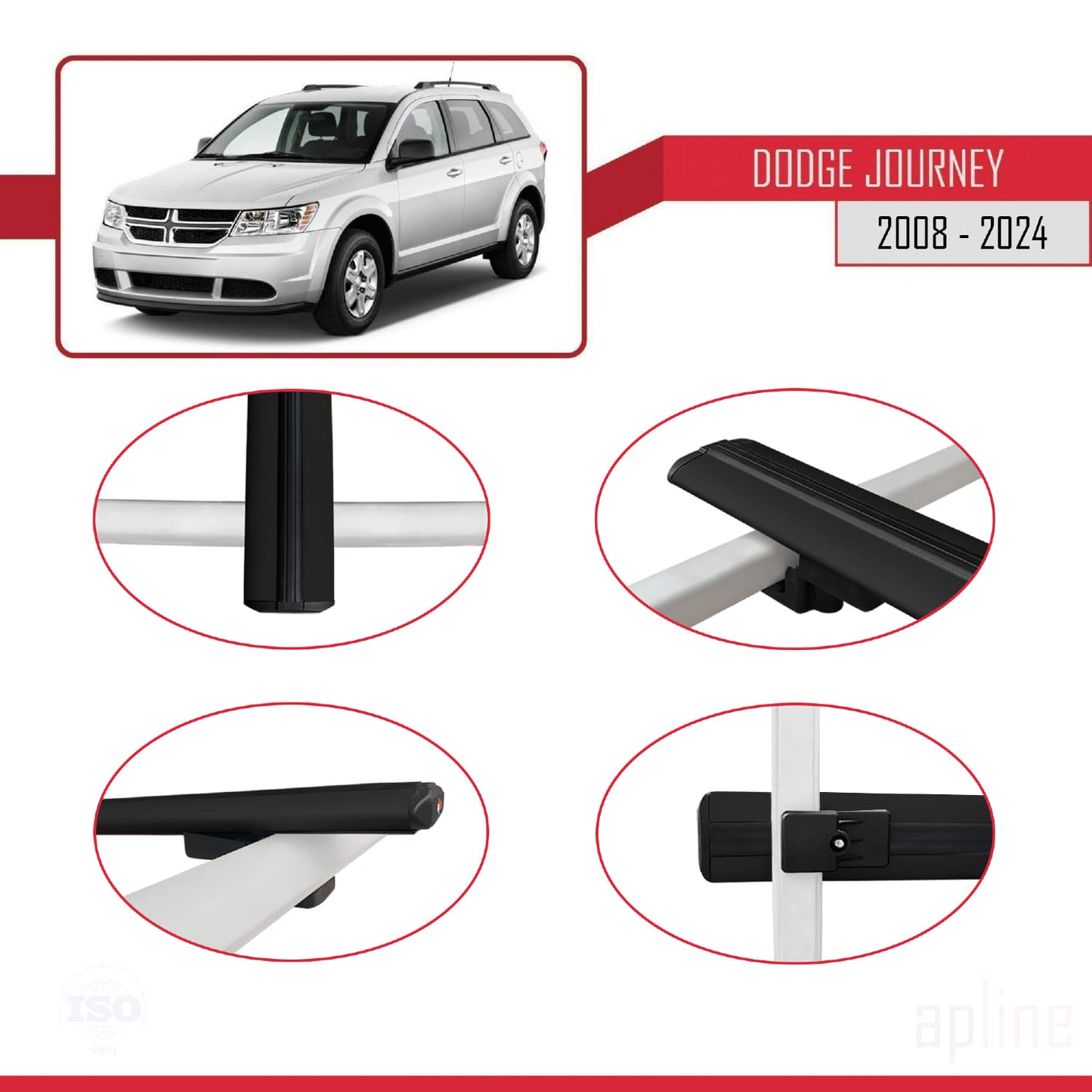 Compatible avec Dodge Journey 2008-2024 BASIC Model Barres de Toit Railing Porte-Bagages de Voiture Noir Aluminium 2 Barres