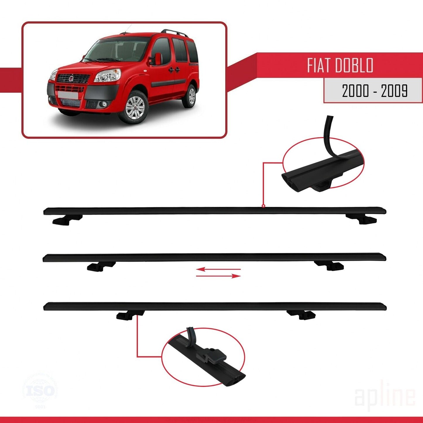 Compatible avec Fiat Doblo 2000-2009 BASIC Model Barres de Toit Railing Porte-Bagages de Voiture Noir Aluminium 3 Barres