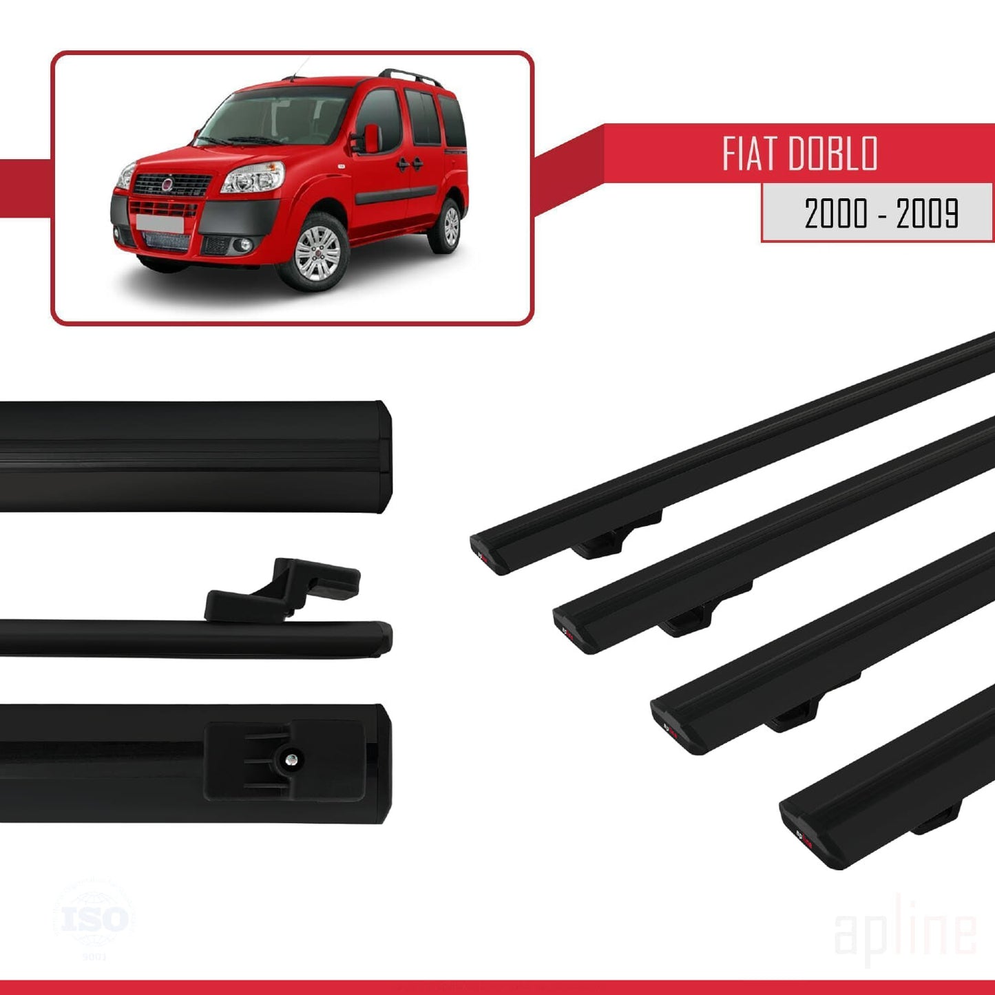 Compatible avec Fiat Doblo 2000-2009 BASIC Model Barres de Toit Railing Porte-Bagages de Voiture Noir Aluminium 4 Barres