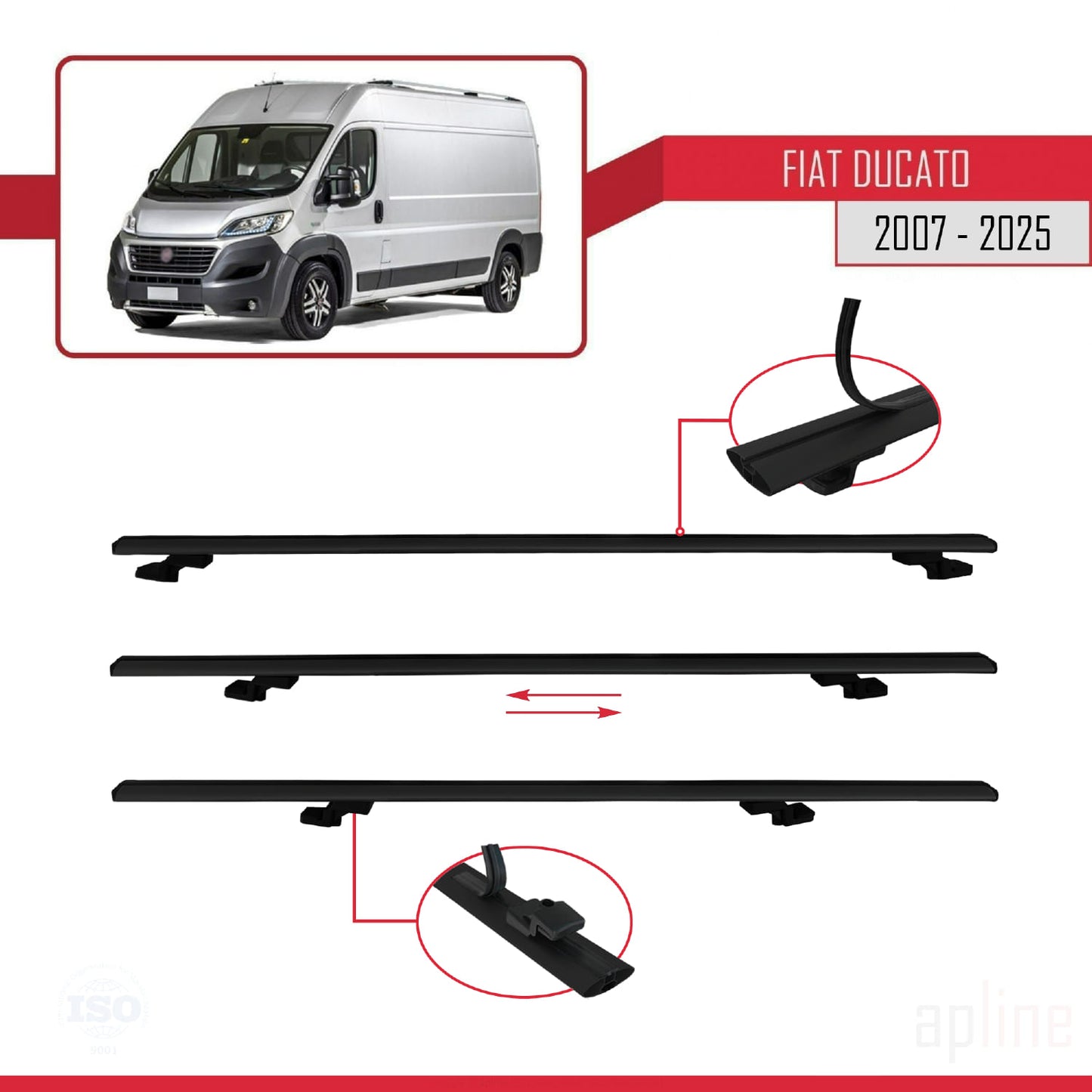 Compatible avec Fiat Ducato 3 2007-2025 BASIC Model Barres de Toit Railing Porte-Bagages de Voiture Noir Aluminium 3 Barres