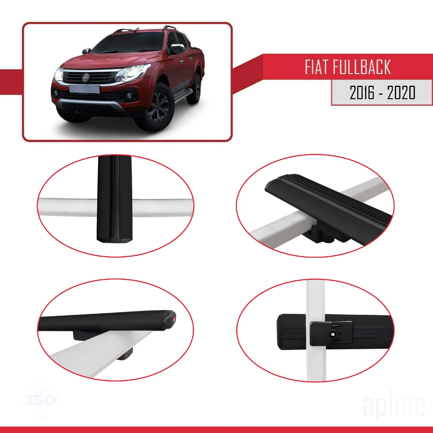 Compatible avec Fiat Fullback 2016-2020 BASIC Model Barres de Toit Railing Porte-Bagages de Voiture Noir Aluminium 2 Barres
