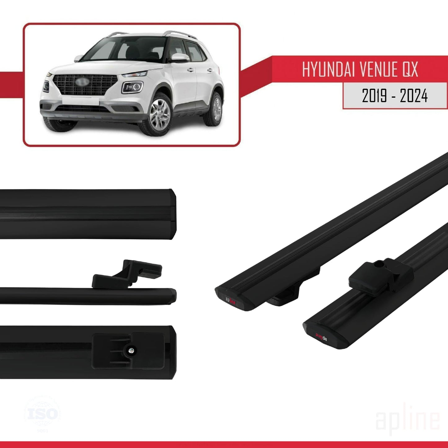 Compatible avec Hyundai Venue (QX) 2019-2024 BASIC Model Barres de Toit Railing Porte-Bagages de Voiture Noir Aluminium 2 Barres