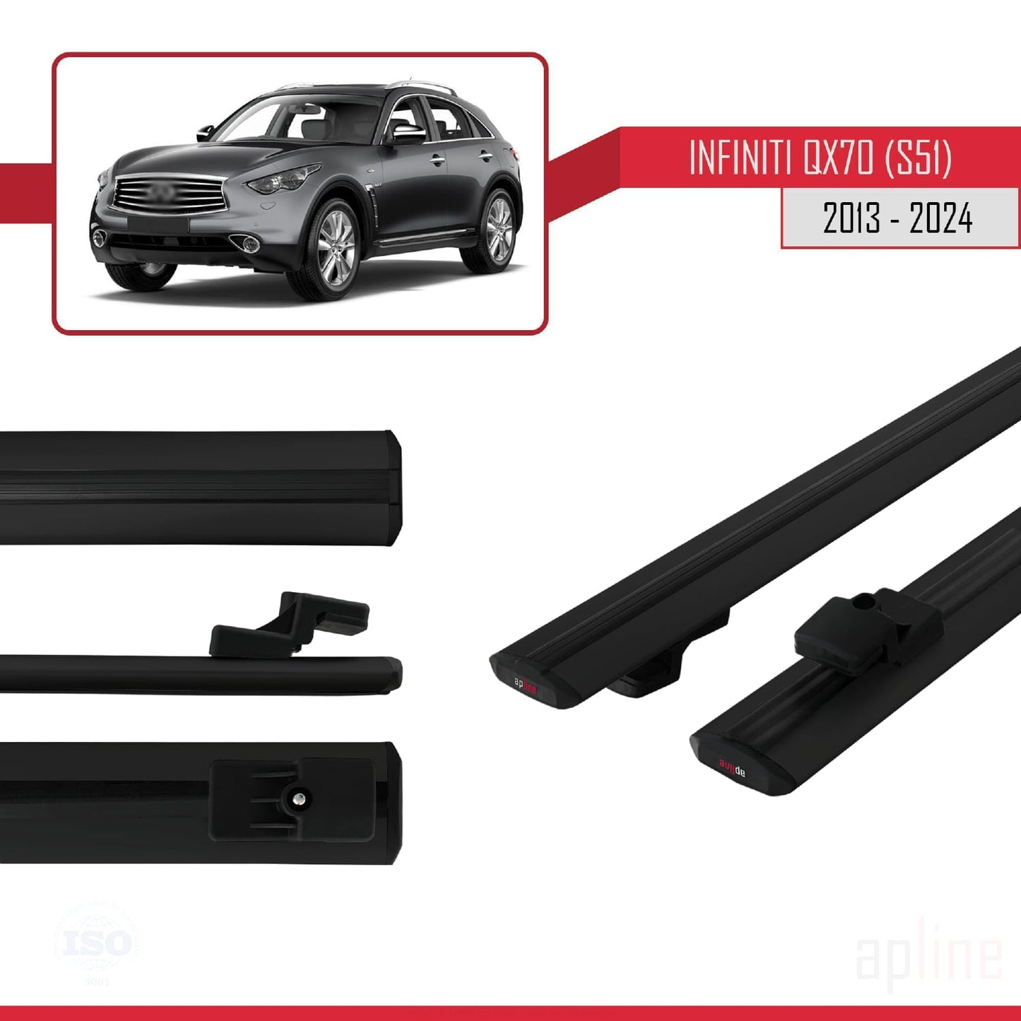 Compatible avec Infiniti QX70 (S51) 2013-2017 BASIC Model Barres de Toit Railing Porte-Bagages de Voiture Noir Aluminium 2 Barres