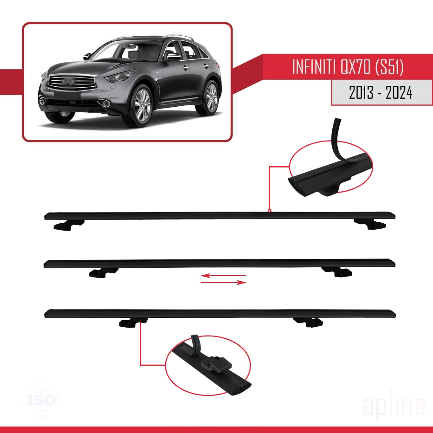 Compatible avec Infiniti QX70 (S51) 2013-2017 BASIC Model Barres de Toit Railing Porte-Bagages de Voiture Noir Aluminium 2 Barres