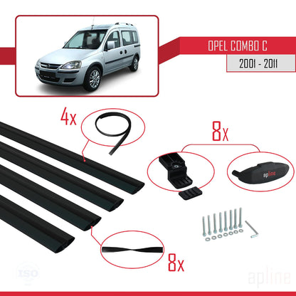 Compatible avec Opel Combo C 2001-2011 BASIC Model Barres de Toit Railing Porte-Bagages de Voiture Noir Aluminium 4 Barres