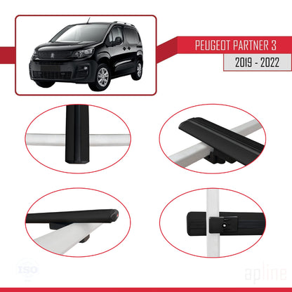 Compatible avec Peugeot Partner 3 2019-2022 BASIC Model Barres de Toit Railing Porte-Bagages de Voiture Noir Aluminium 2 Barres