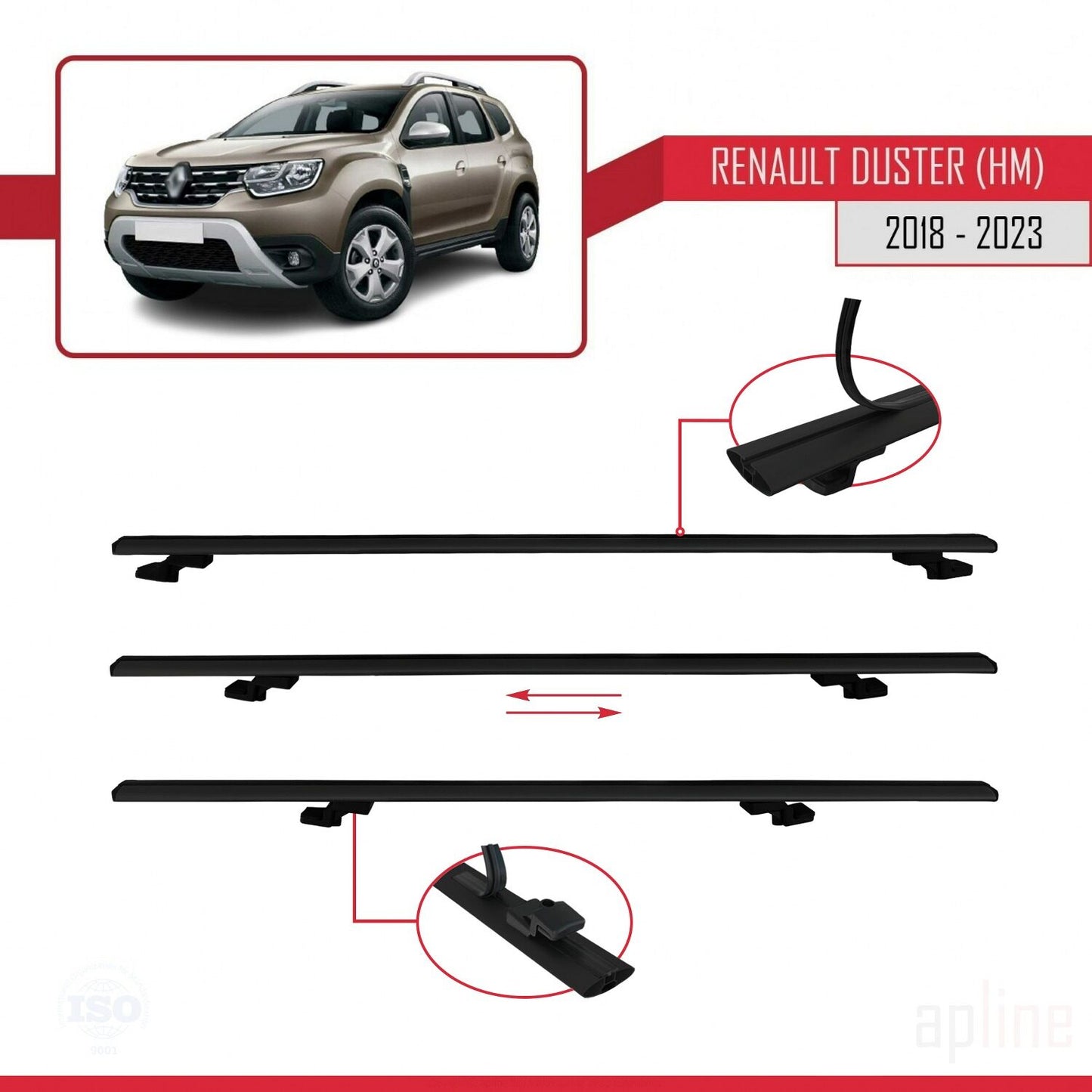 Compatible avec Renault Duster 2 (HM) 2018-2024 BASIC Model Barres de Toit Railing Porte-Bagages de Voiture Noir Aluminium 3 Barres