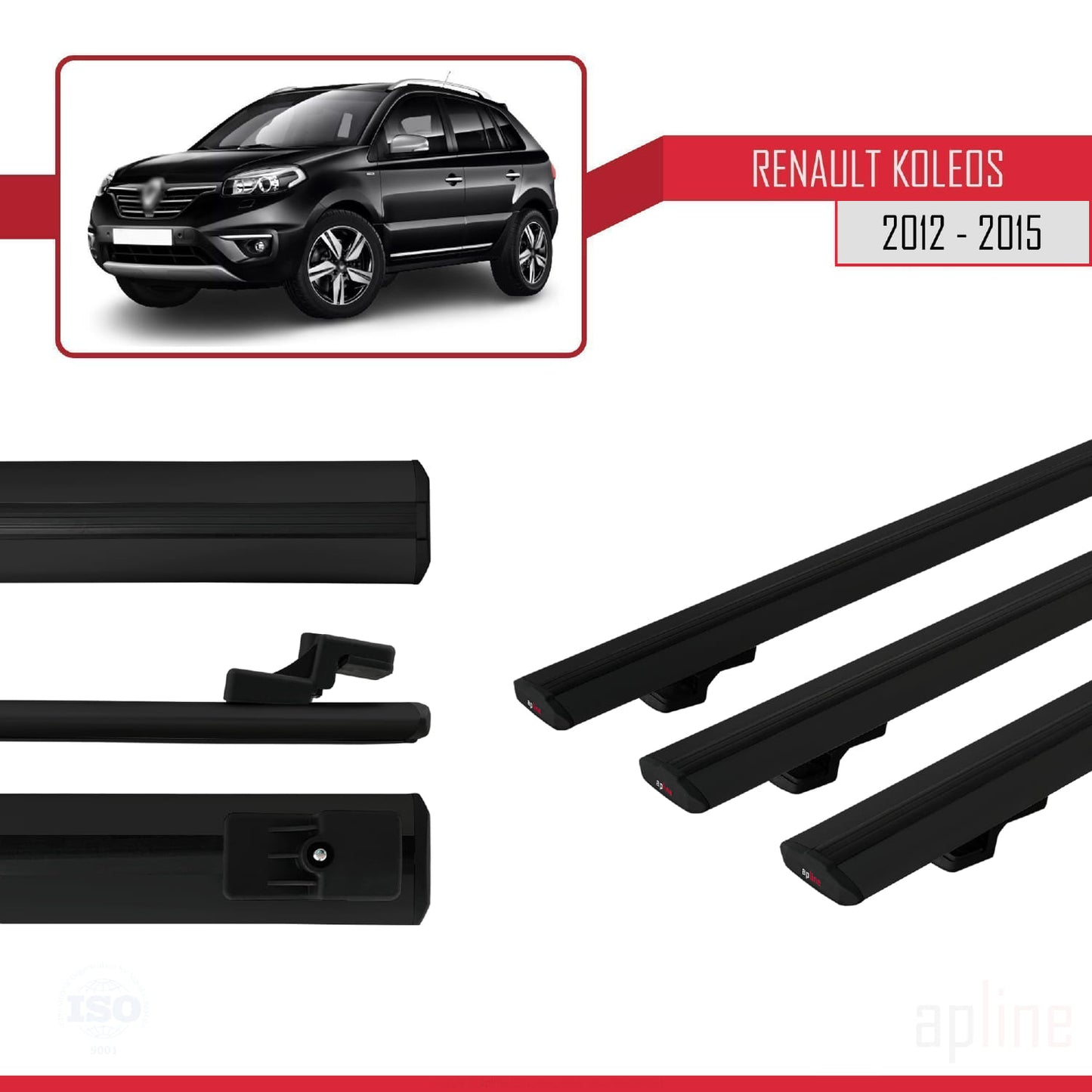 Compatible avec Renault Koleos (HY) Post-Facelift 2012-2015 BASIC Model Barres de Toit Railing Porte-Bagages de Voiture Noir Aluminium 3 Barres