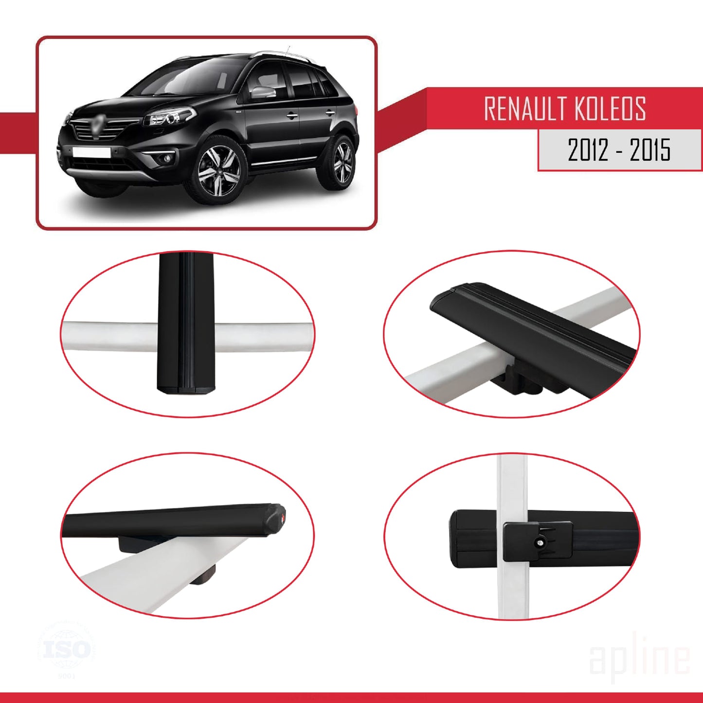 Compatible avec Renault Koleos (HY) Post-Facelift 2012-2015 BASIC Model Barres de Toit Railing Porte-Bagages de Voiture Noir Aluminium 3 Barres