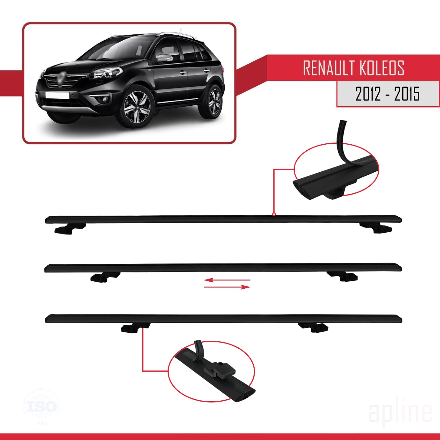 Compatible avec Renault Koleos (HY) Post-Facelift 2012-2015 BASIC Model Barres de Toit Railing Porte-Bagages de Voiture Noir Aluminium 2 Barres