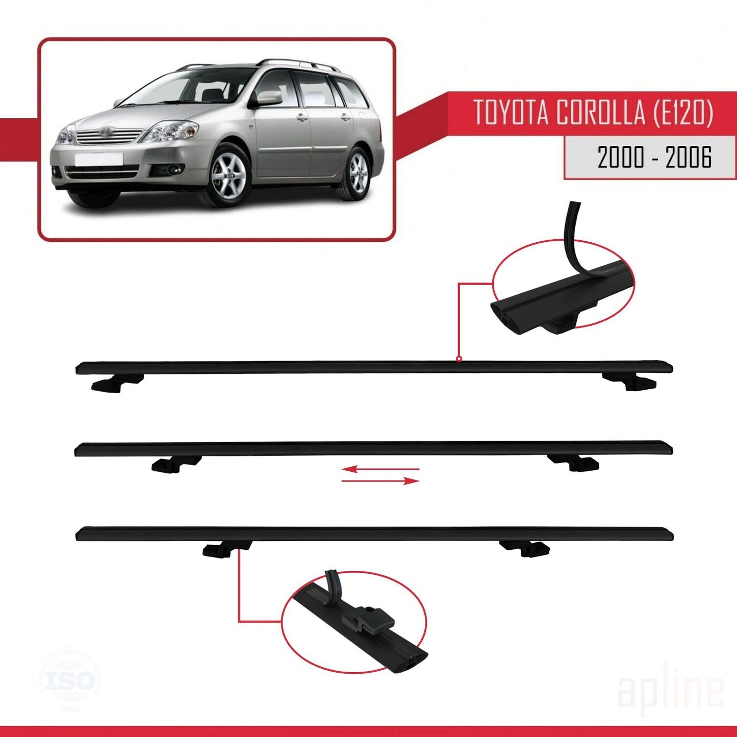 Compatible avec Toyota Corolla 9 (E120) Break 2000-2006 BASIC Model Barres de Toit Railing Porte-Bagages de Voiture Noir Aluminium 2 Barres