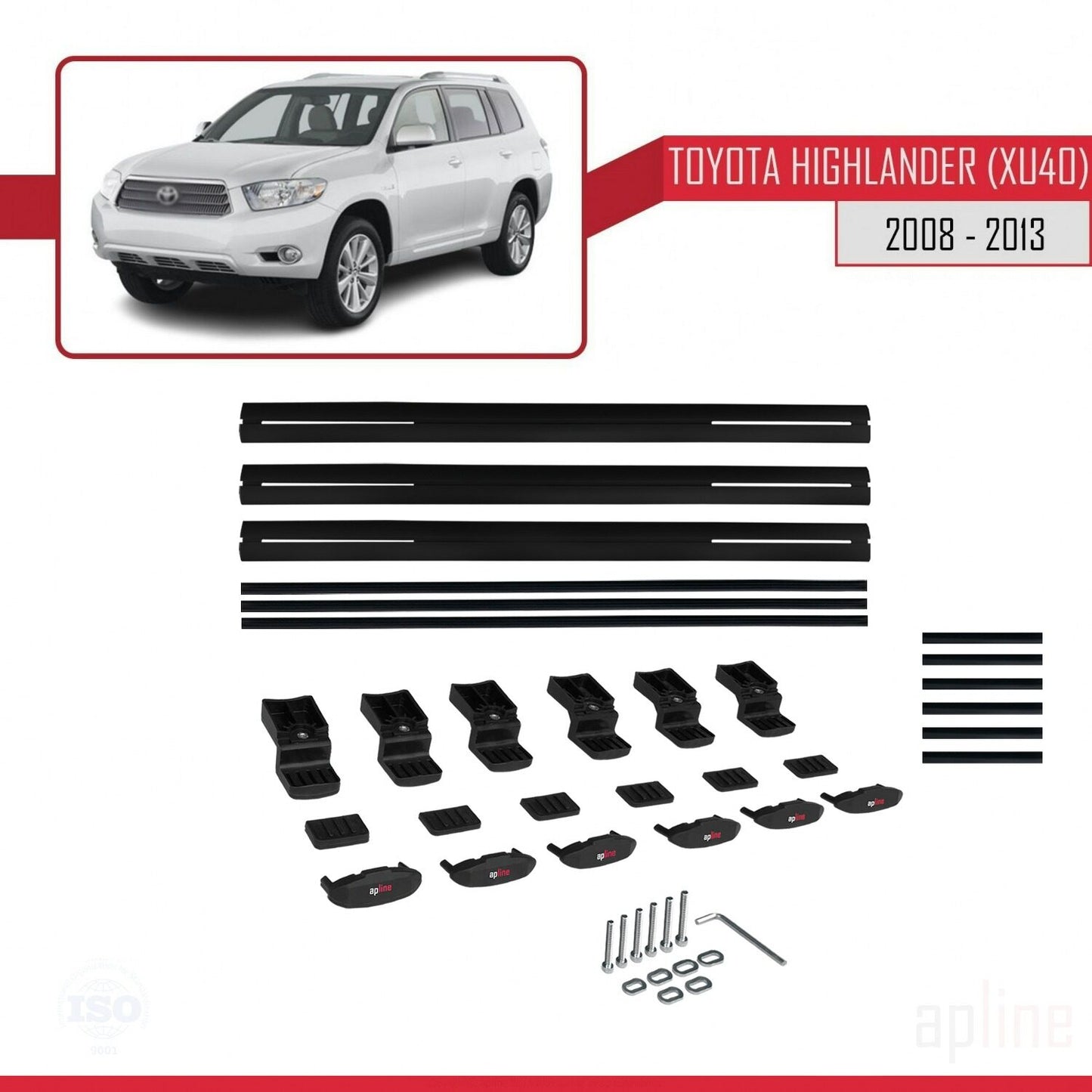 Compatible avec Toyota Highlander (XU40) 2008-2013 BASIC Model Barres de Toit Railing Porte-Bagages de Voiture Noir Aluminium 3 Barres